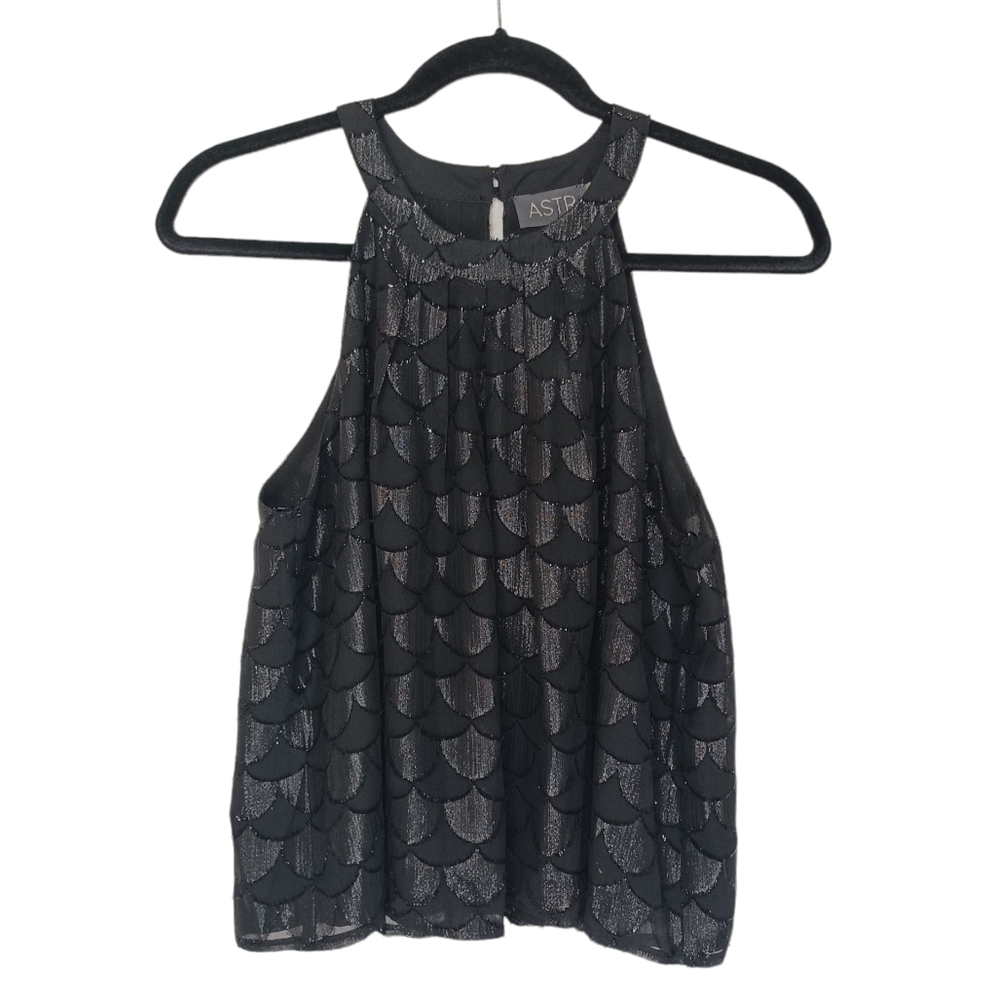ASTR (Nordstrom) Black Shimmer Scallop Print Sleeveless Halter Top Small